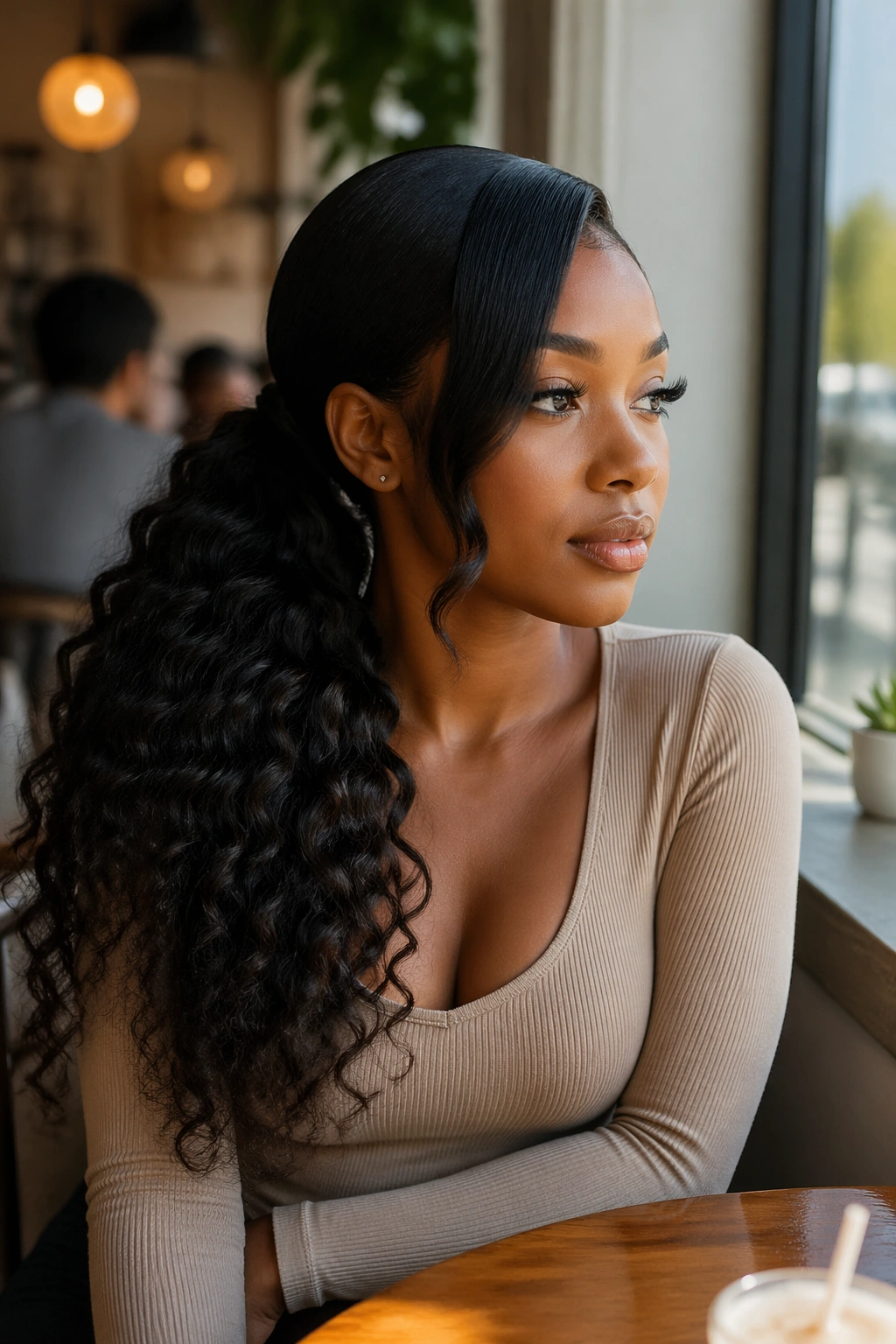 Three-quarter profile of a real woman with a side-swept ponytail and deep part