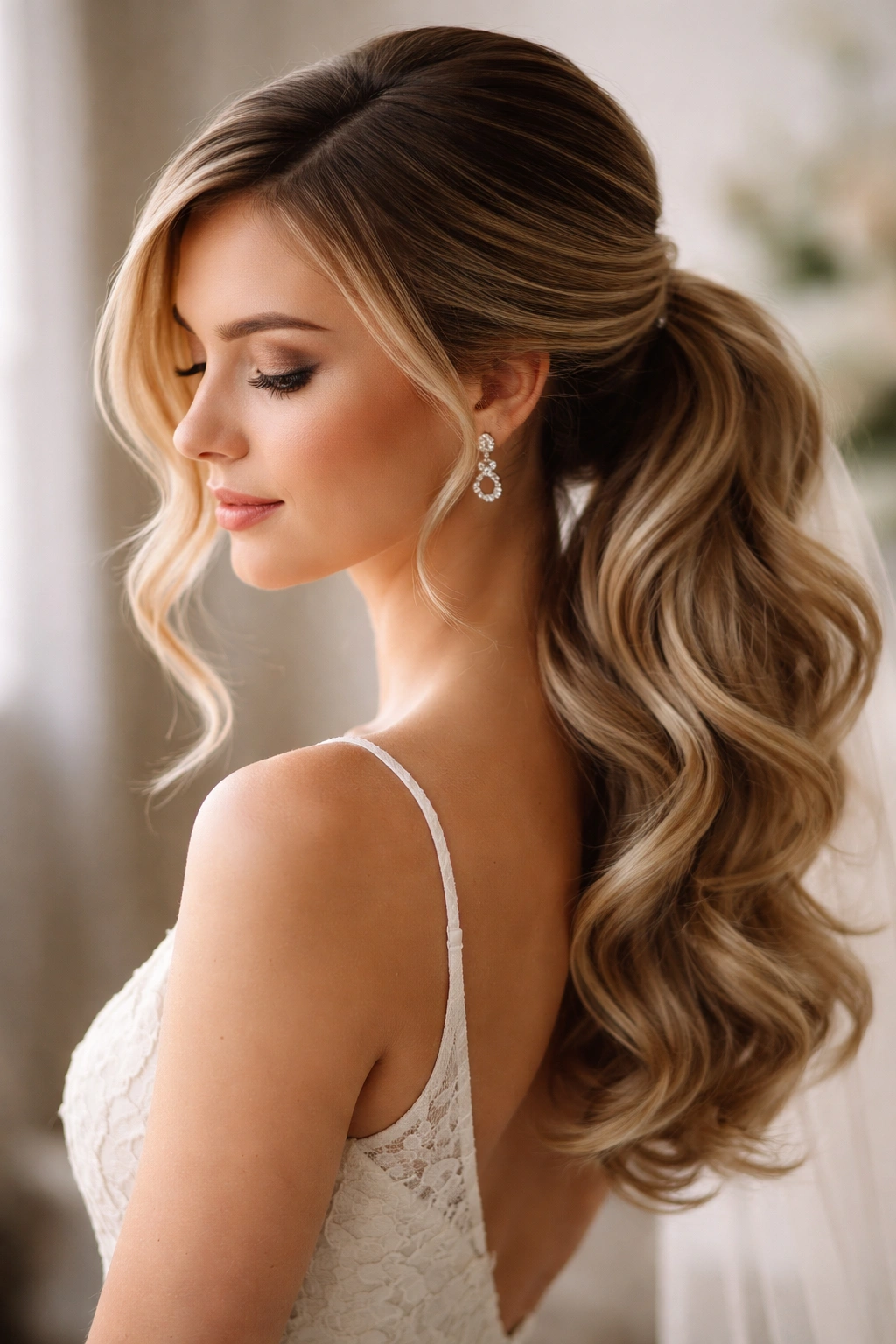Side-swept ponytail with deep part over shoulder