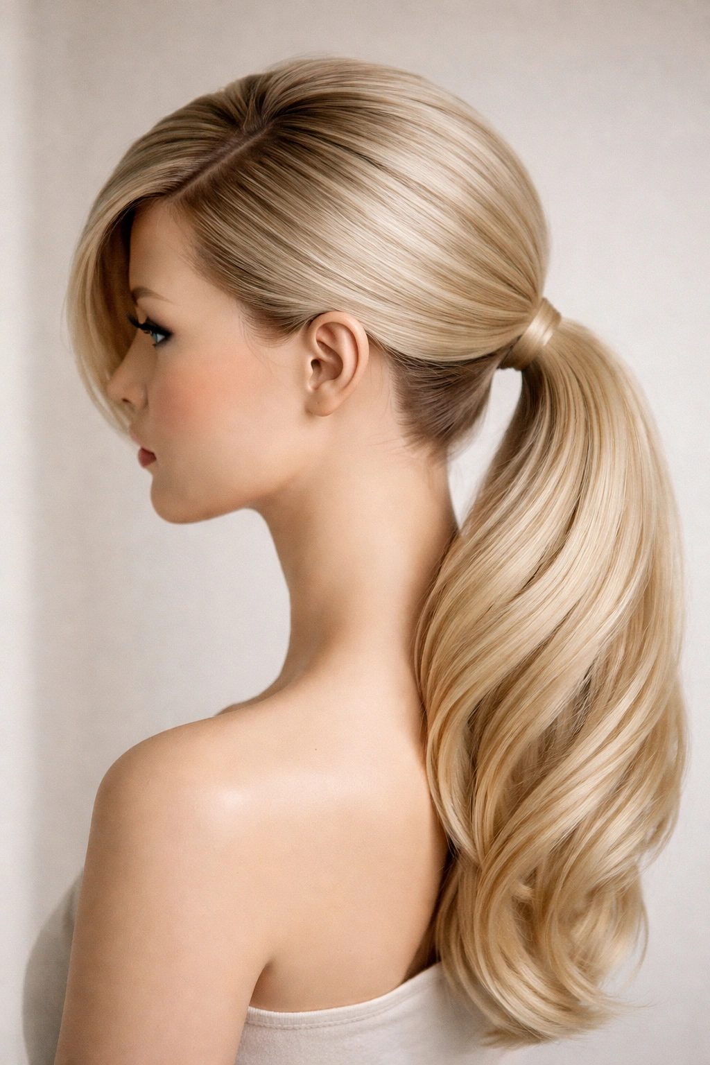 Side view of side-swept ponytail with a deep part on a mannequin head