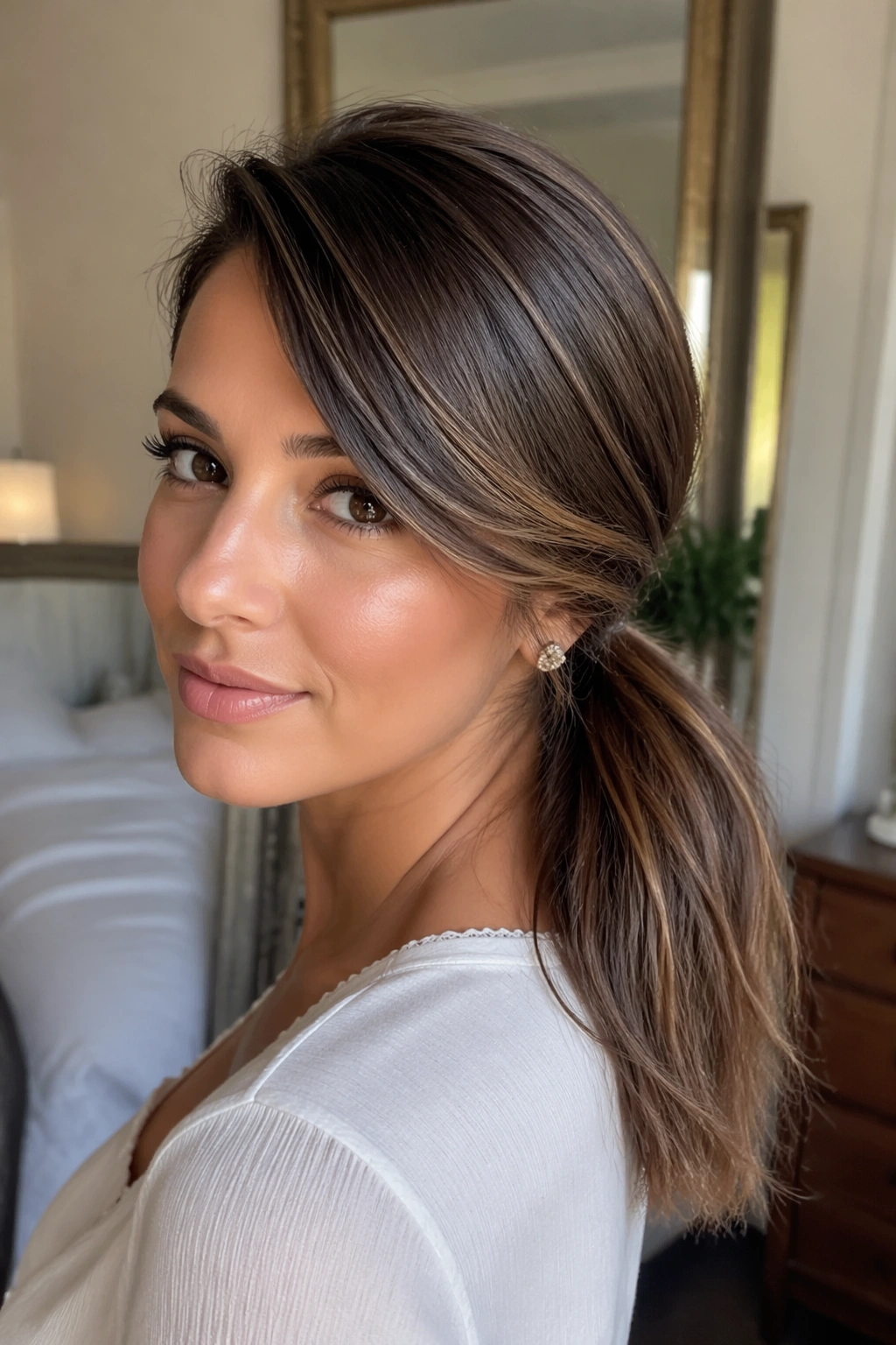 Close-up portrait of a real woman with a deep-part, side-swept ponytail in natural window light