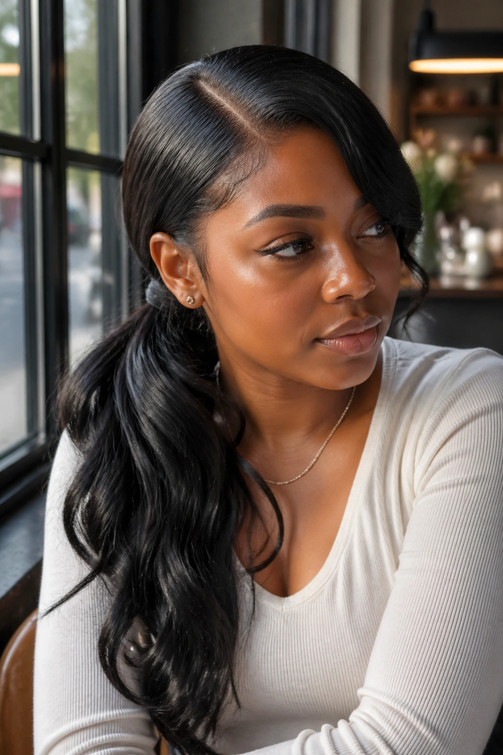 Portrait of a person with a deep-part side-swept ponytail cascading over one shoulder.