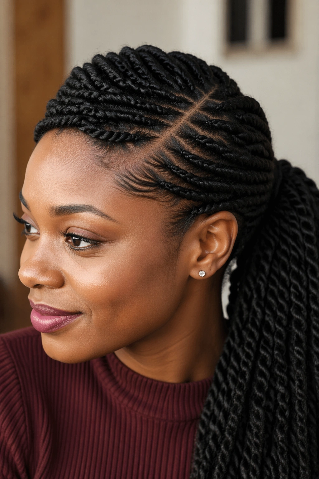 Profile of a real woman with a side-swept twist braided ponytail and a deep part.