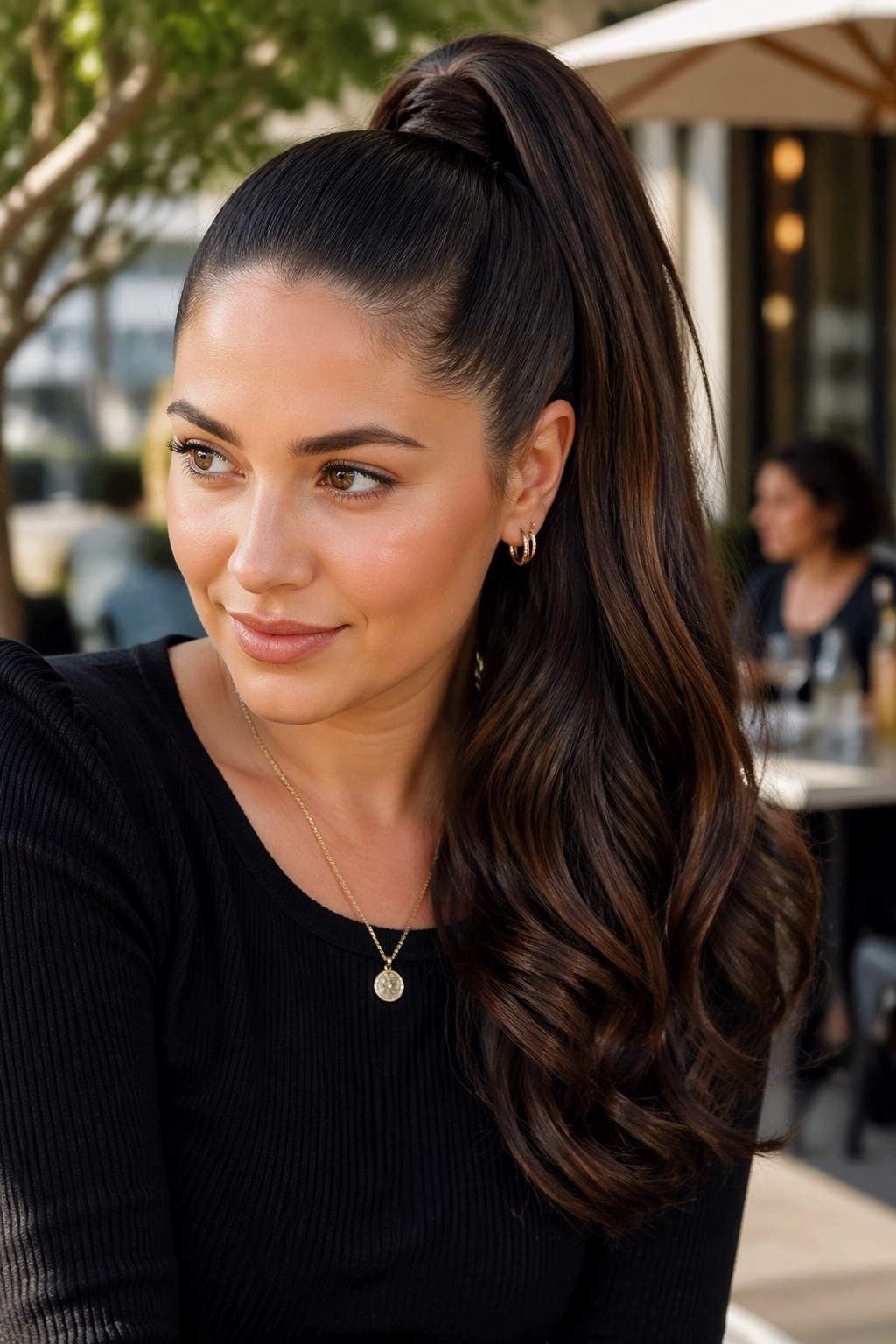 Real woman with a side-swept high ponytail extension.