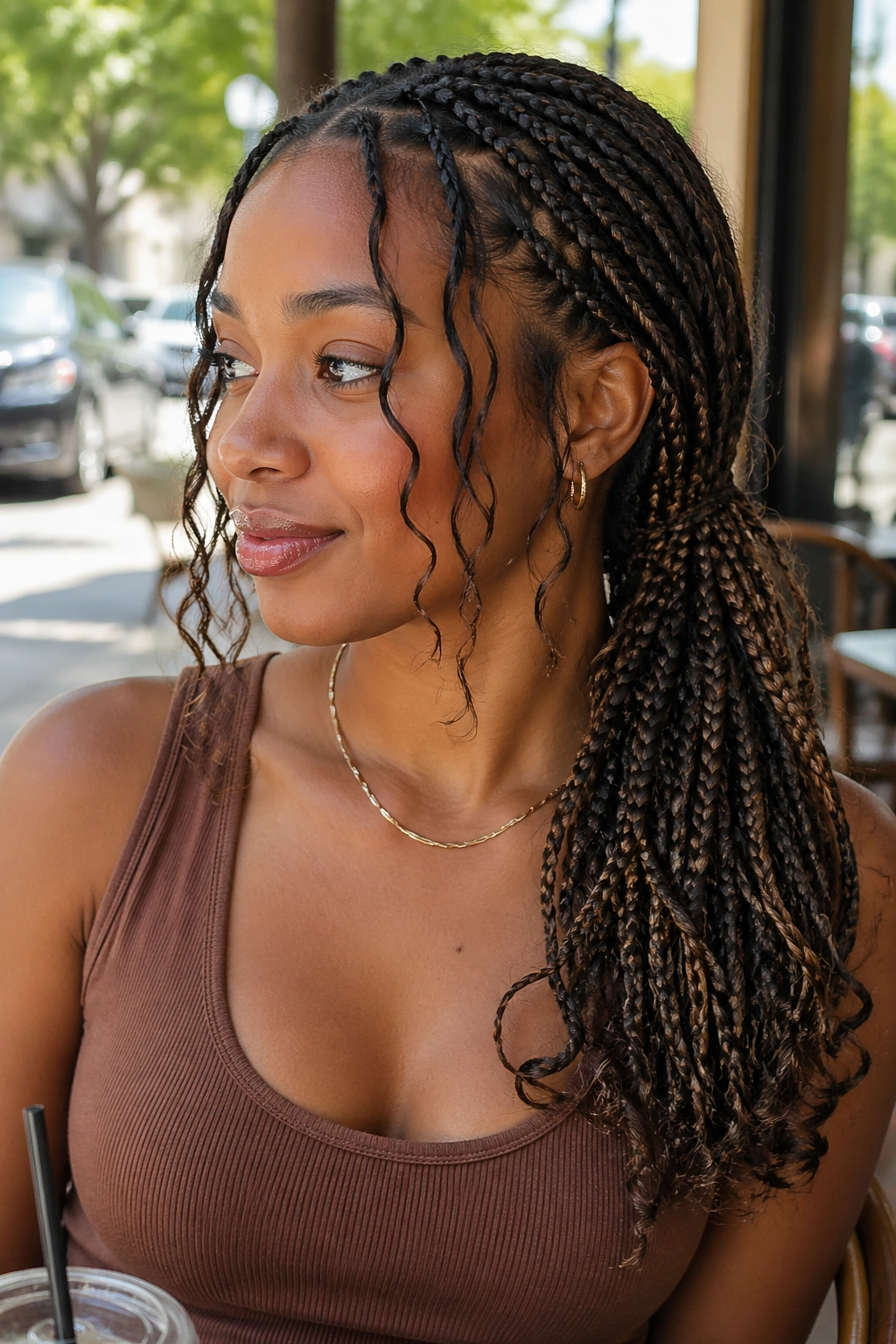 Real woman with side-swept ponytail and loose face pieces outdoors