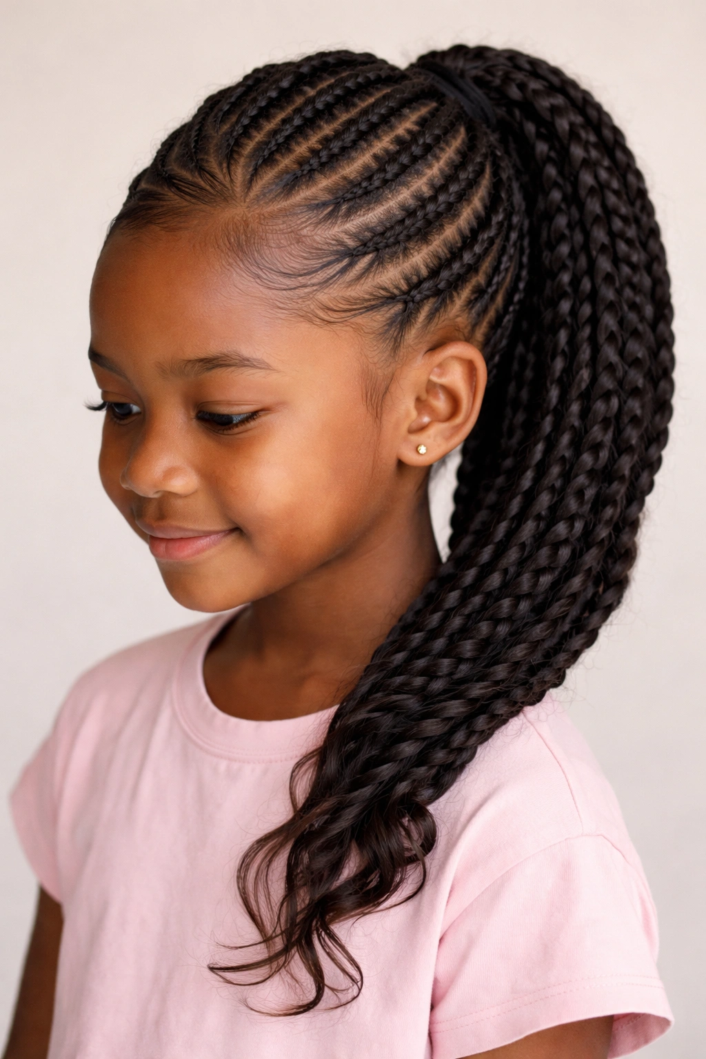 Side-swept feed-in ponytail with angled front braids