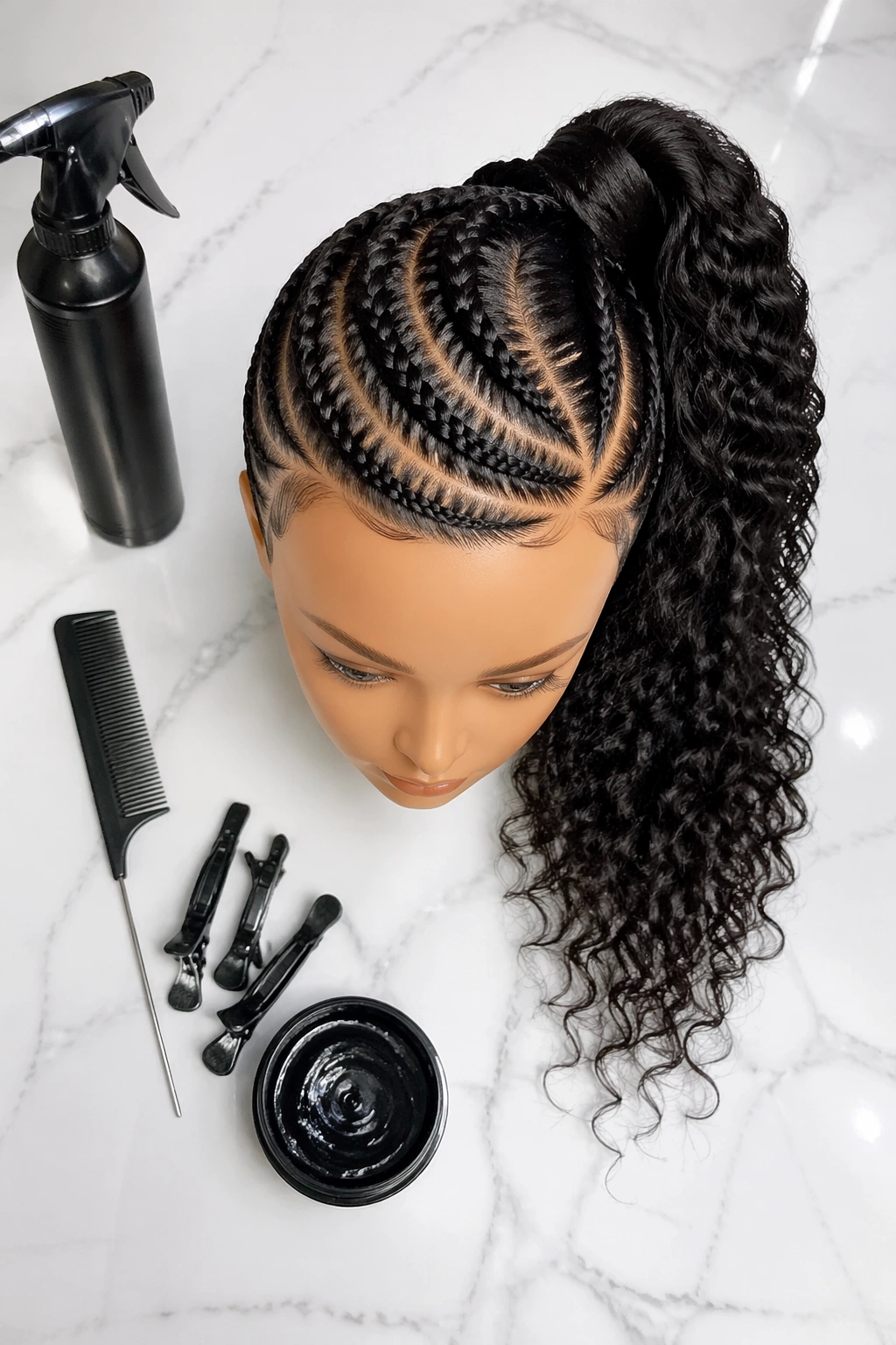 Side-swept stitch braid ponytail flat lay with tools.