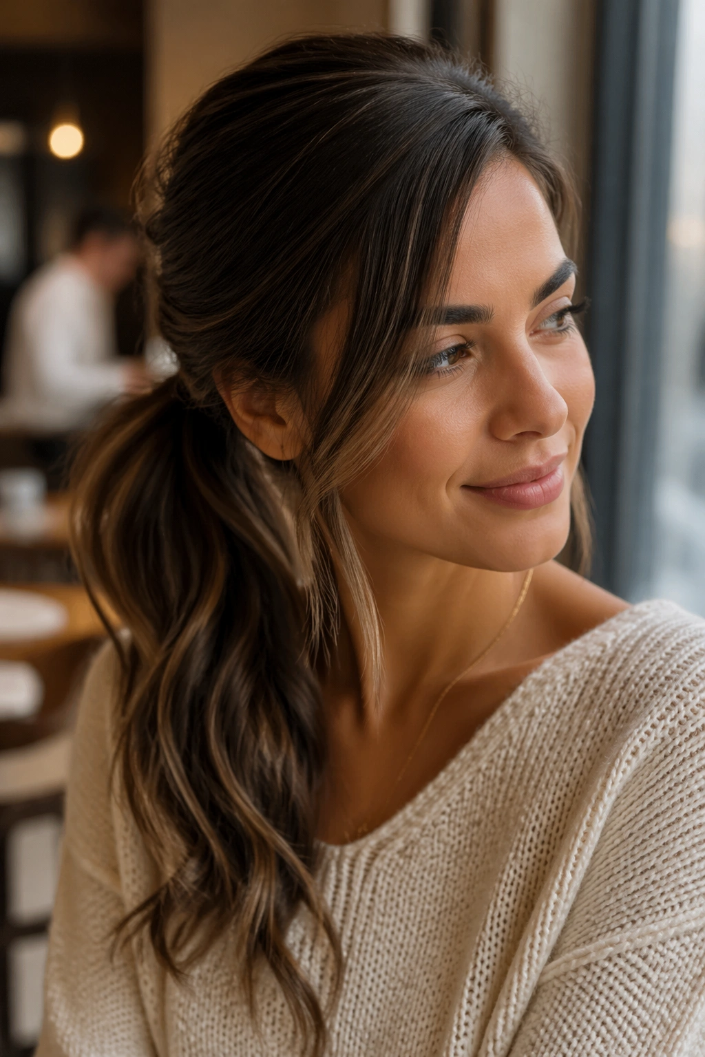 Real woman with side-swept half-up ponytail behind the ear