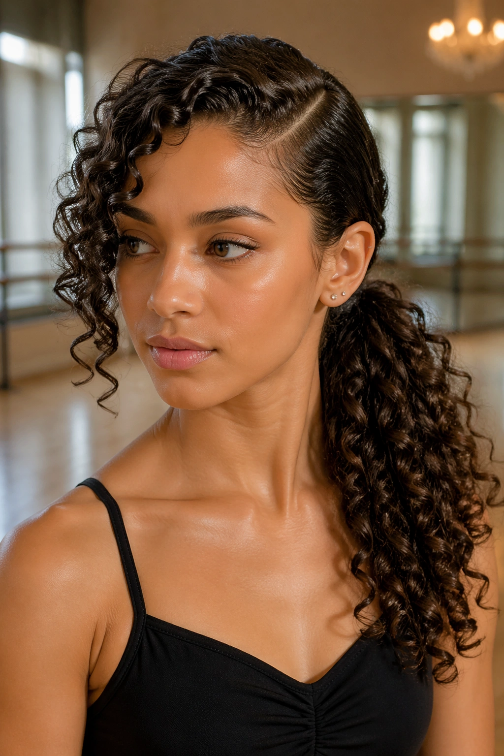 Close-up of a real dancer with a side-swept curly ponytail and hidden pins