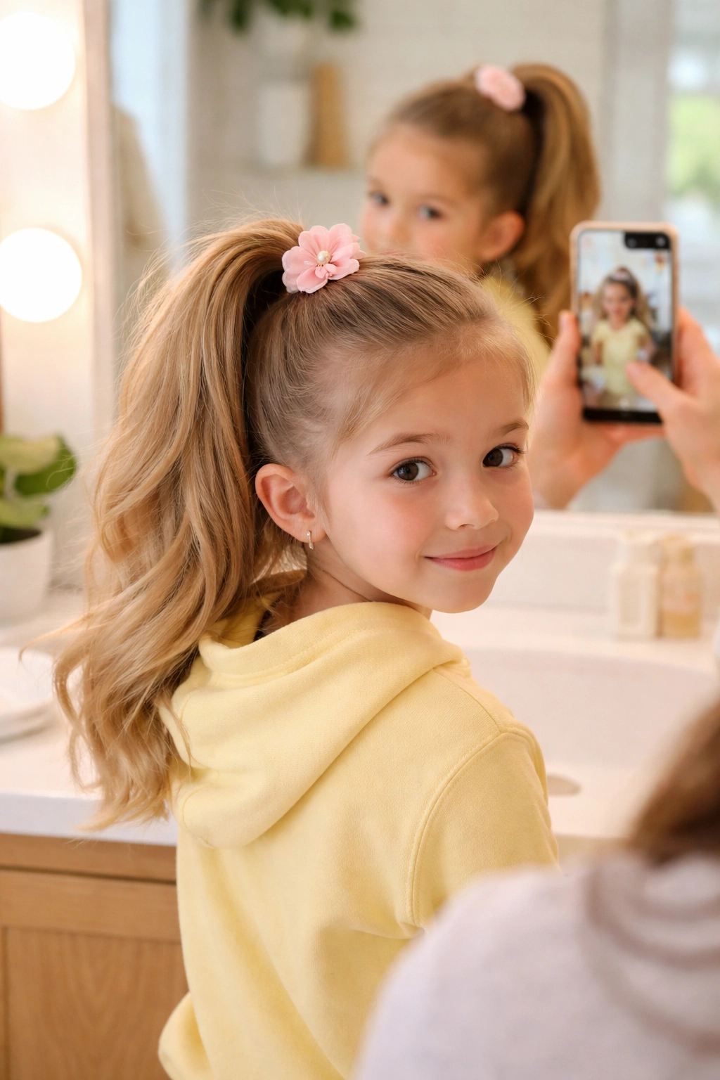 Side-swept high ponytail viewed from over the shoulder in a bright bathroom.