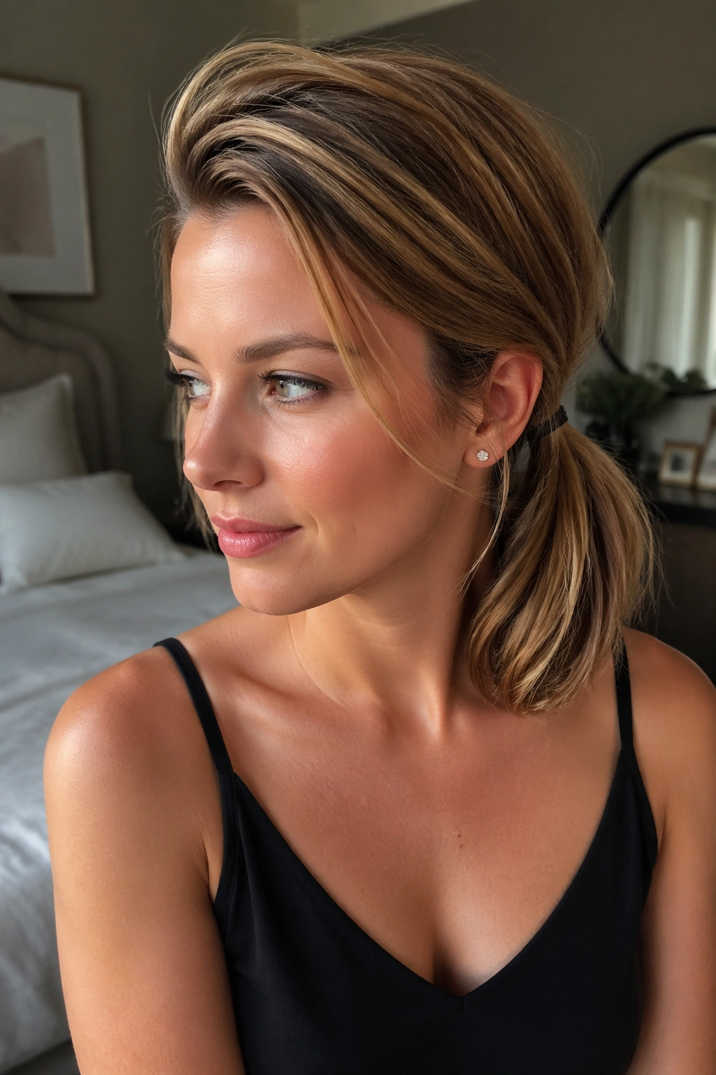 Portrait of a real woman with a side-swept ponytail and root lift.