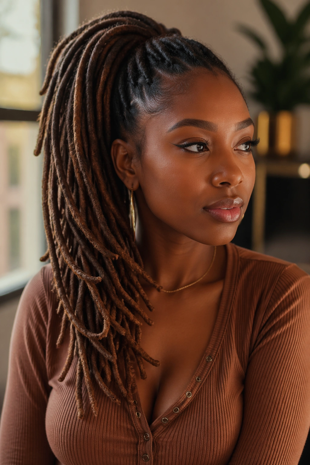 Three-quarter profile of a side-swept faux ponytail on locs.