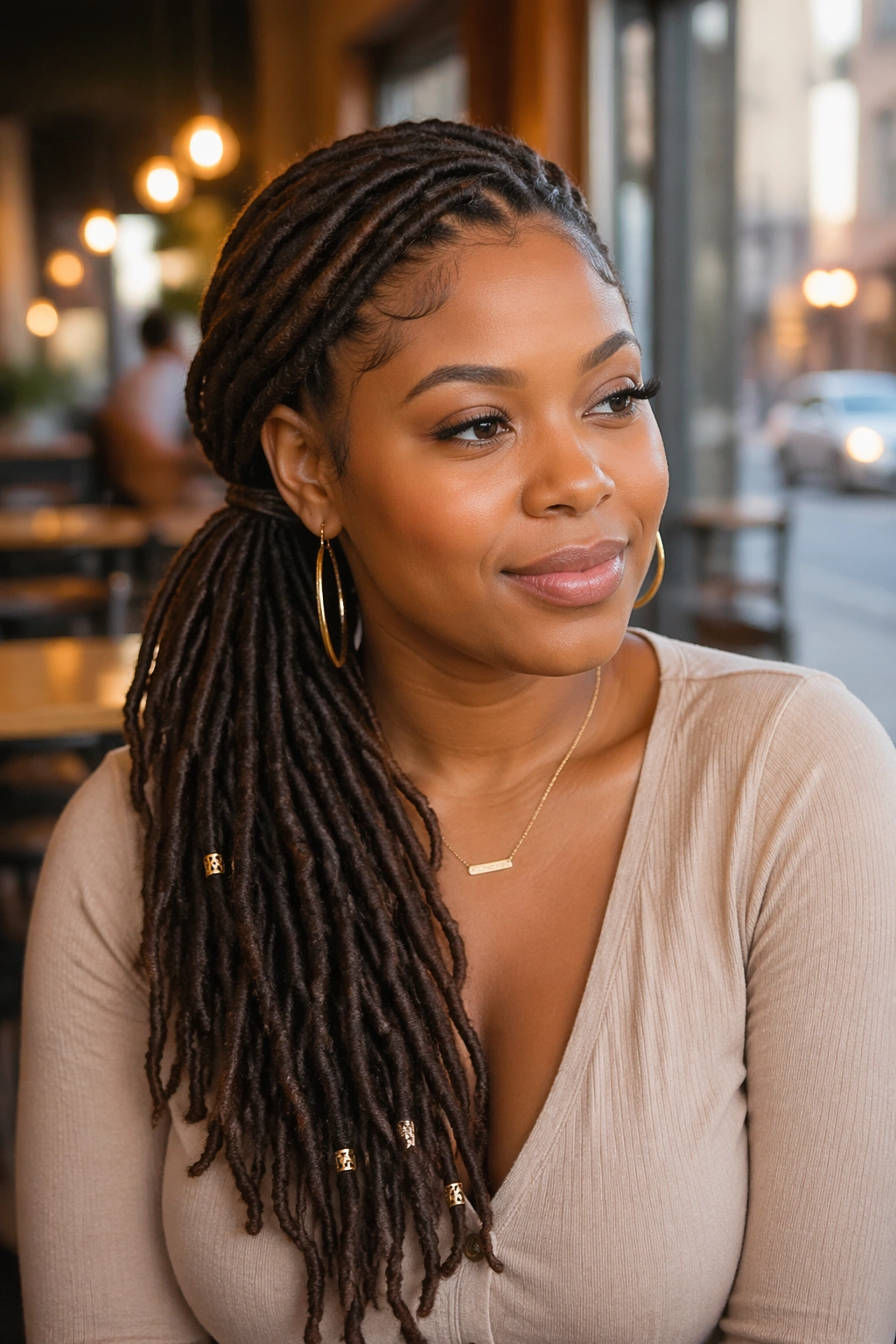 Portrait of person with side-swept low ponytail across the shoulder.