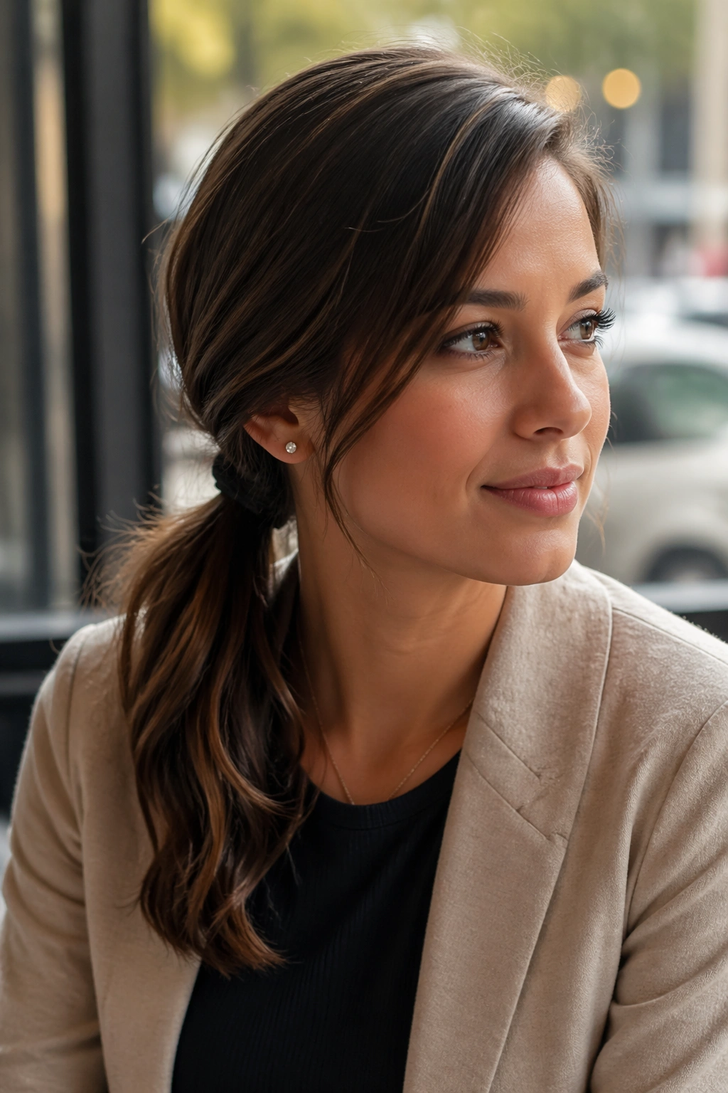 Close-up of a real woman with a side-swept low ponytail