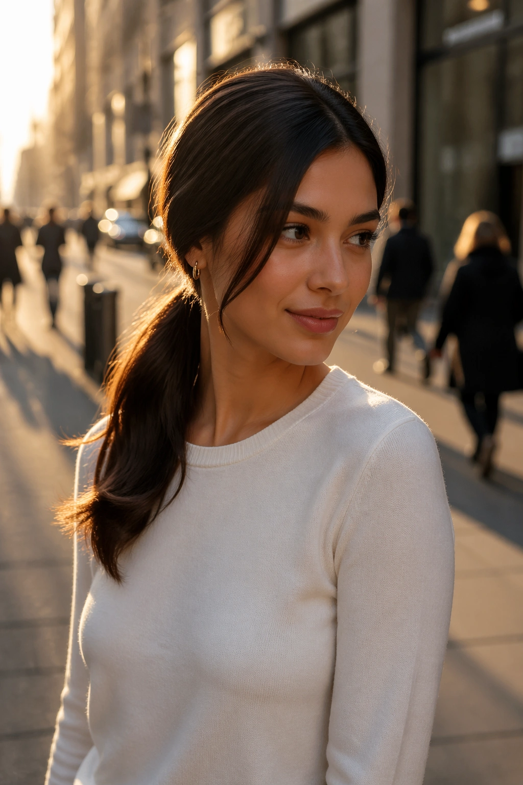 Hero shot of side-swept low V ponytail on city sidewalk at golden hour.