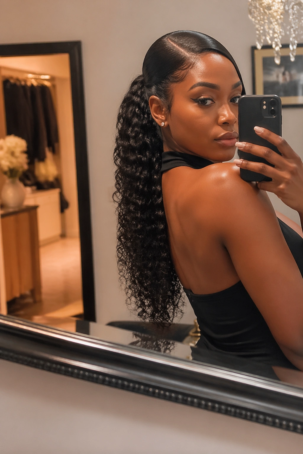 Side-swept curly ponytail with off-center drama in a dressing room.