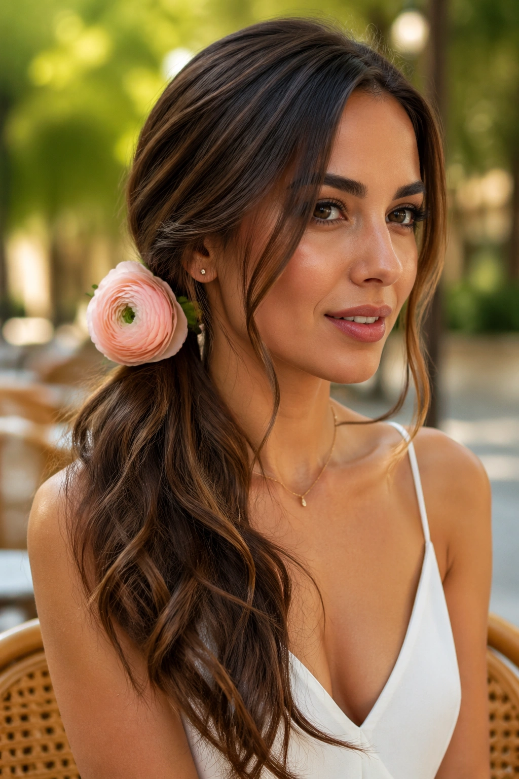Close-up of a side-swept ponytail with ranunculus tucked at the base against a greenery-filled backdrop.