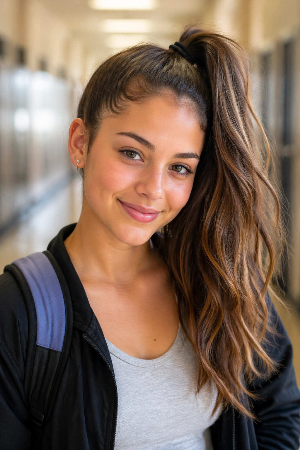 Close-up of a real person with a side-swept high ponytail in a sunlit school hallway