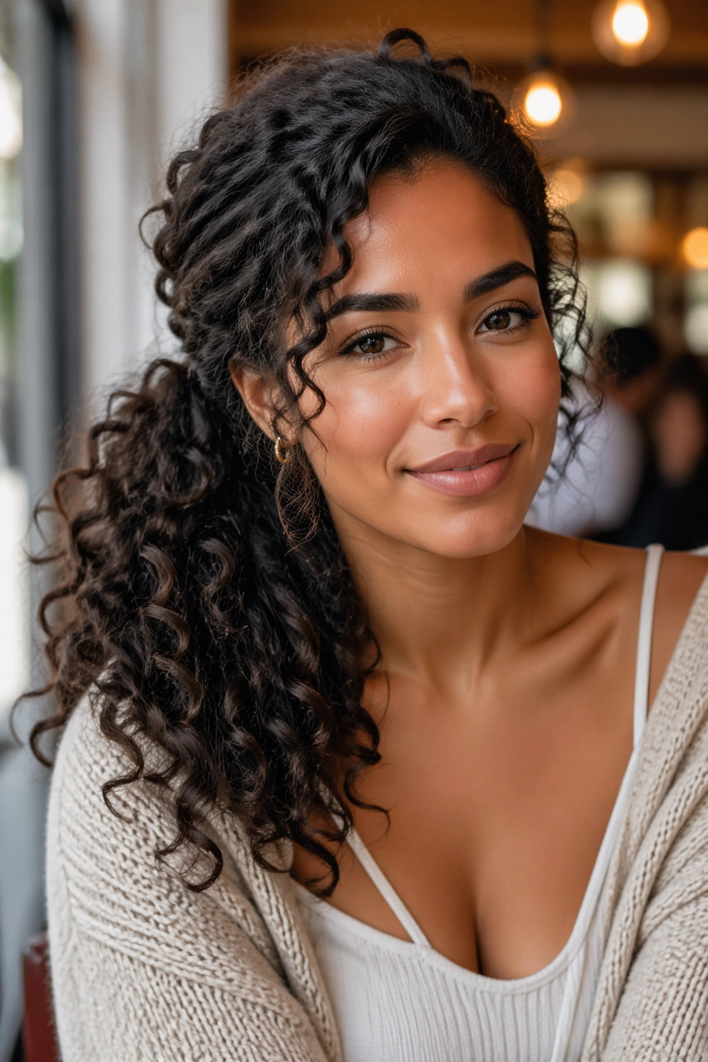 Close-up of a real woman with a side-swept ponytail behind one ear