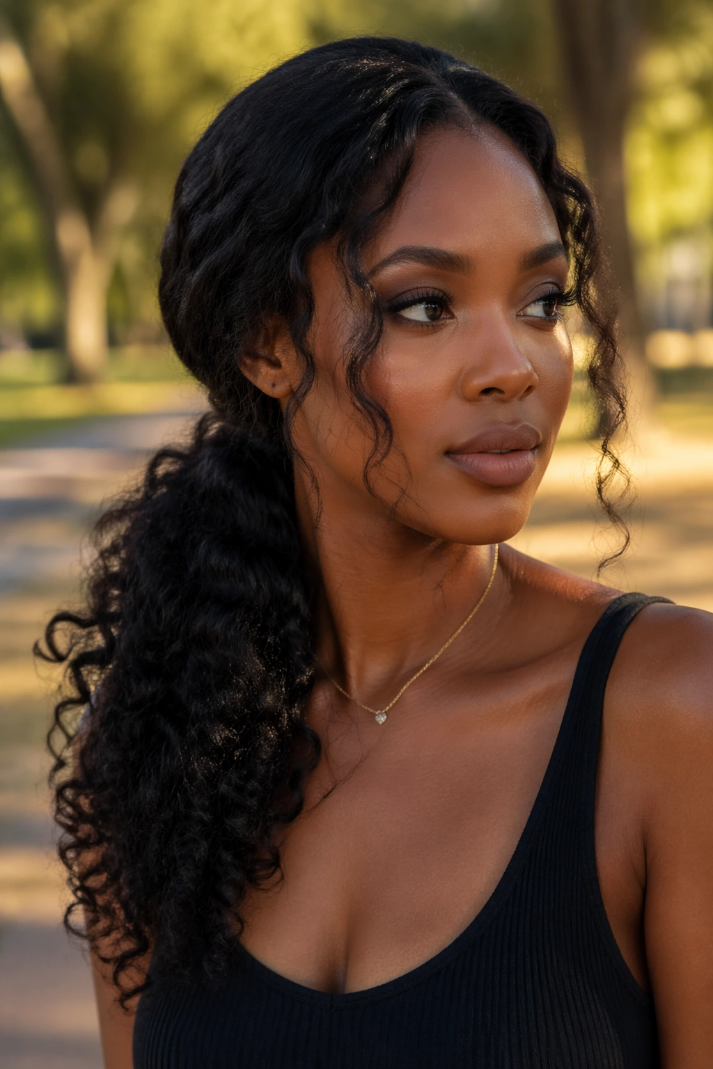 Close-up portrait of a real woman with a side-swept ponytail and loose tendrils around the face