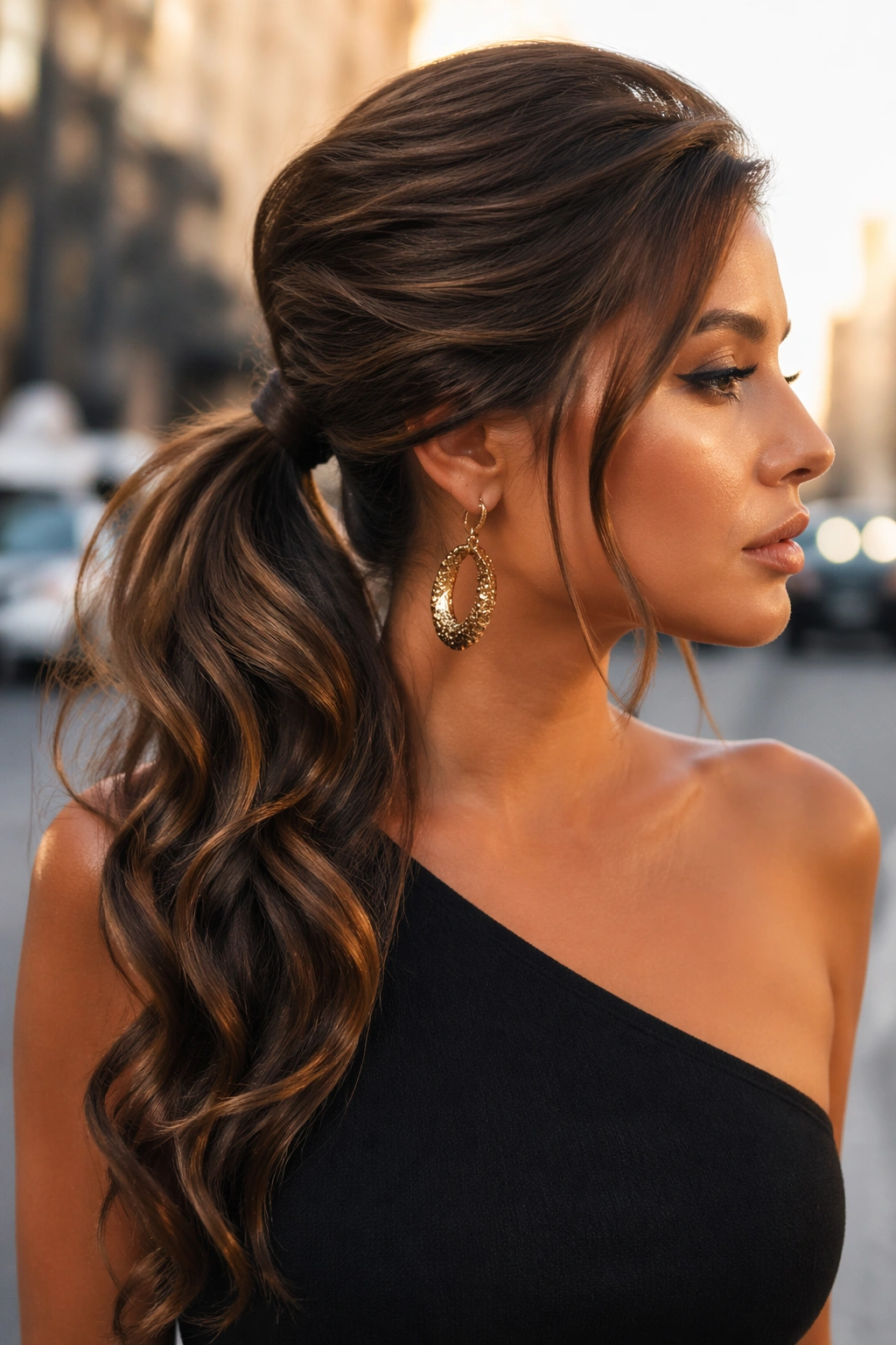 Side profile view of side-swept ponytail with volume outdoors.
