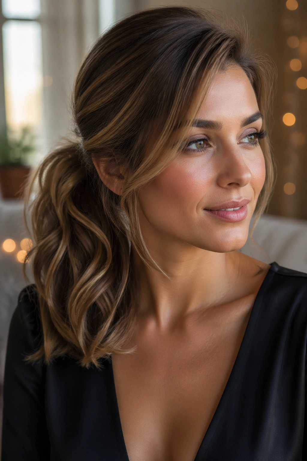 Profile of a real woman wearing a side-swept ponytail with soft waves