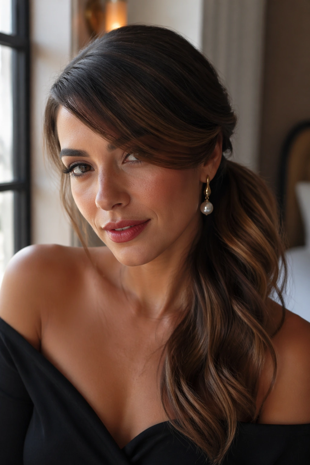 Close-up of a real woman with a side-swept low ponytail and soft waves in window light.