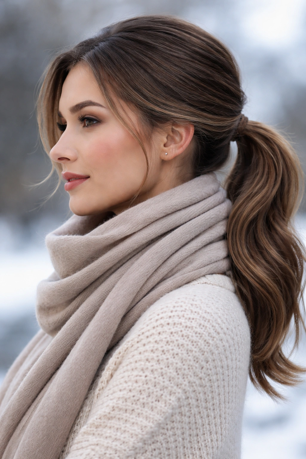 Profile view of a side-swept low ponytail behind the ear in winter lighting