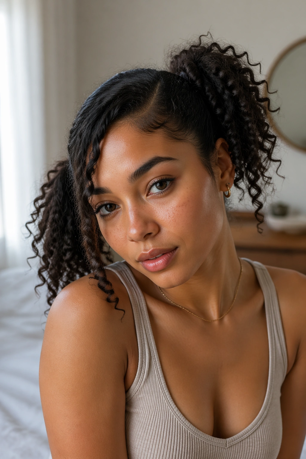 Close-up portrait of a real woman with side-swept twin ponytails in warm window light