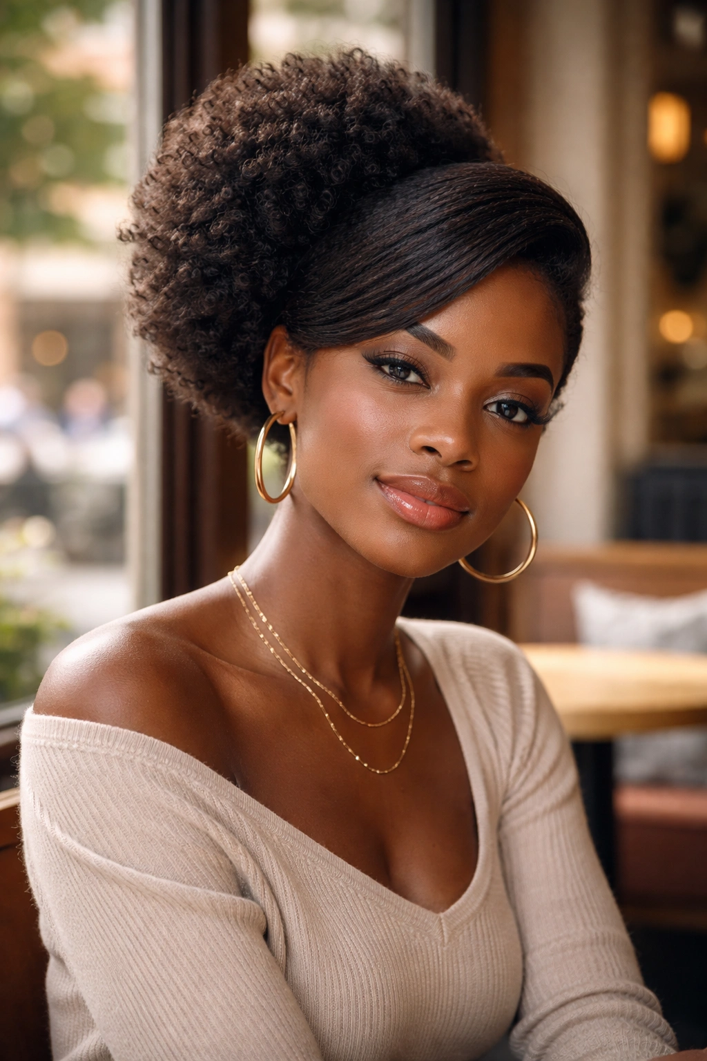 Close-up of a real woman with a side-swept afro puff over one ear and forehead sweep