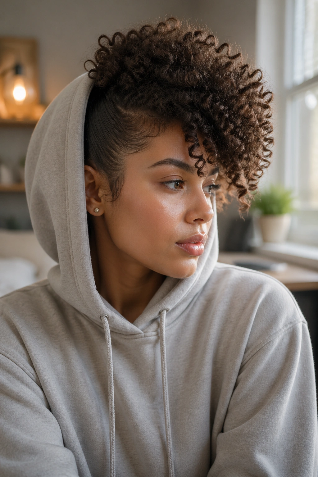 Profile view of a real person with a side-swept puff under a hoodie