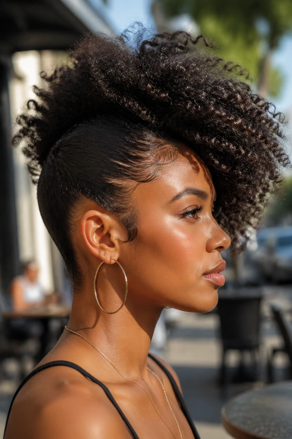 Close-up side-profile of a person with a dramatic side-swept puff.
