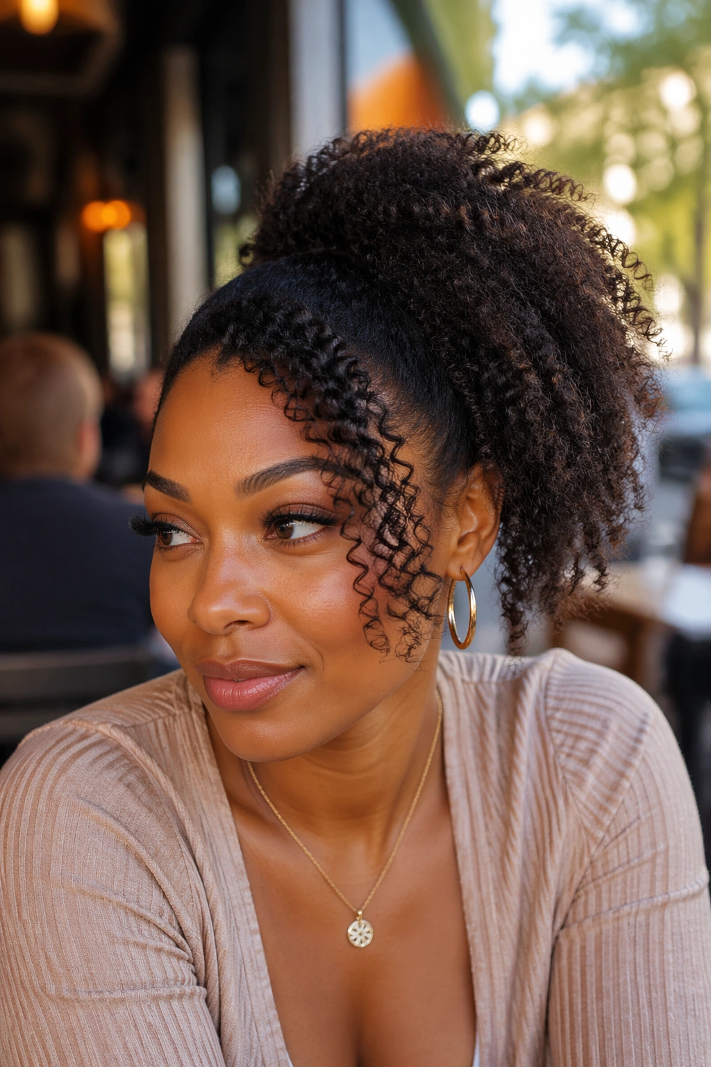 Close-up of a Black woman with a side-swept puff ponytail and soft front curls.