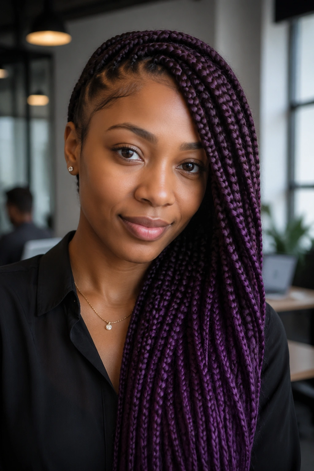 Real woman with side-swept purple box braids in office window light
