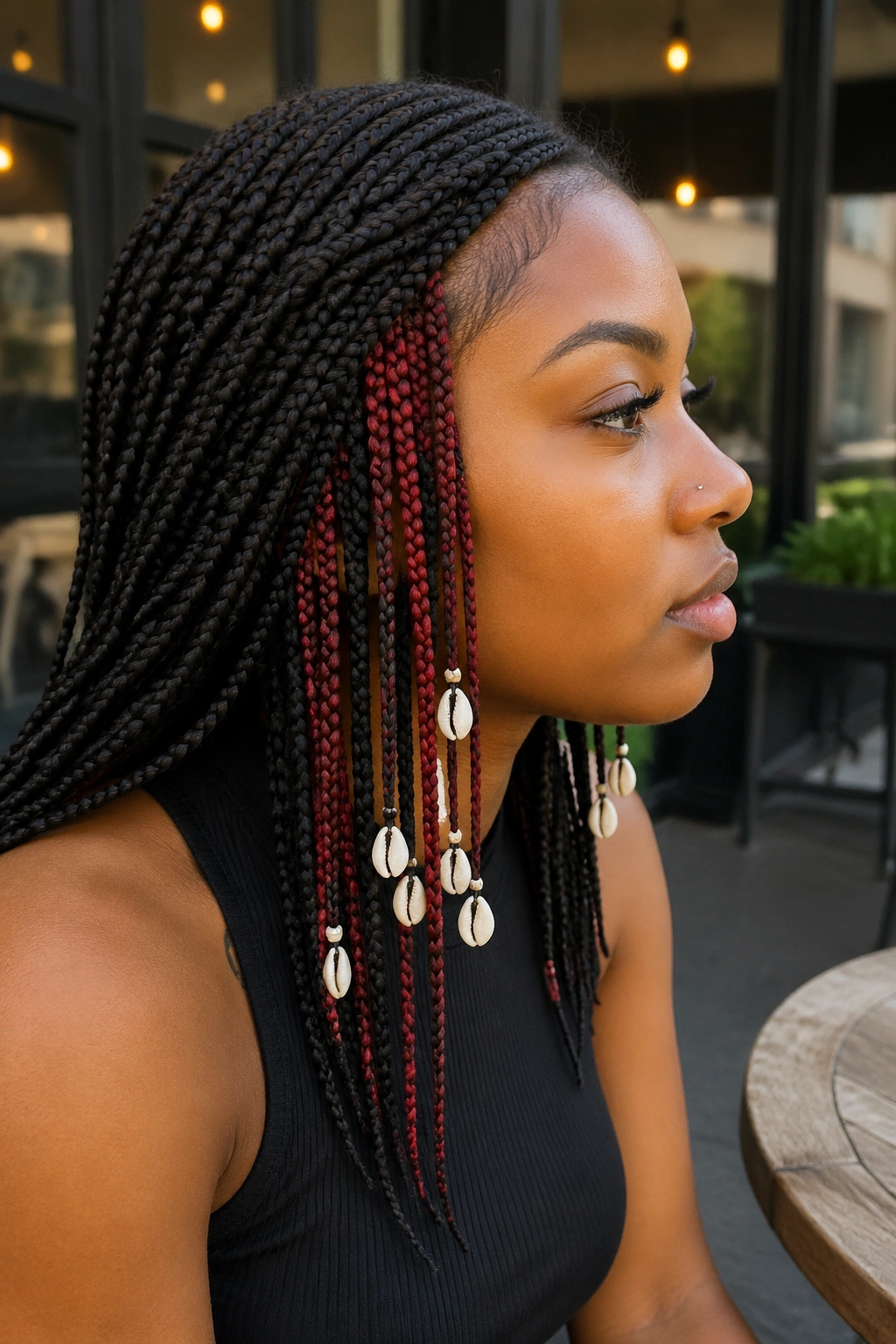 Real person with side-swept red peekaboo braids and shell beads