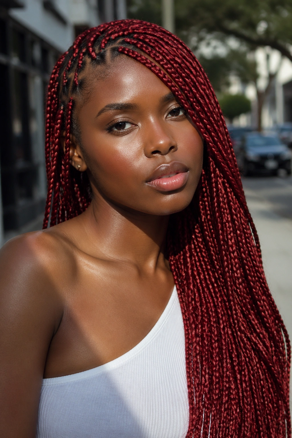 Real woman with side-swept red long knotless braids
