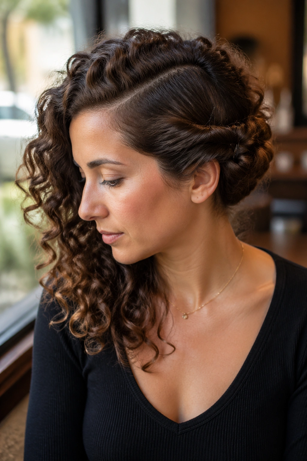 Real woman with a side-swept roll pinned behind the ear, curls framing the face