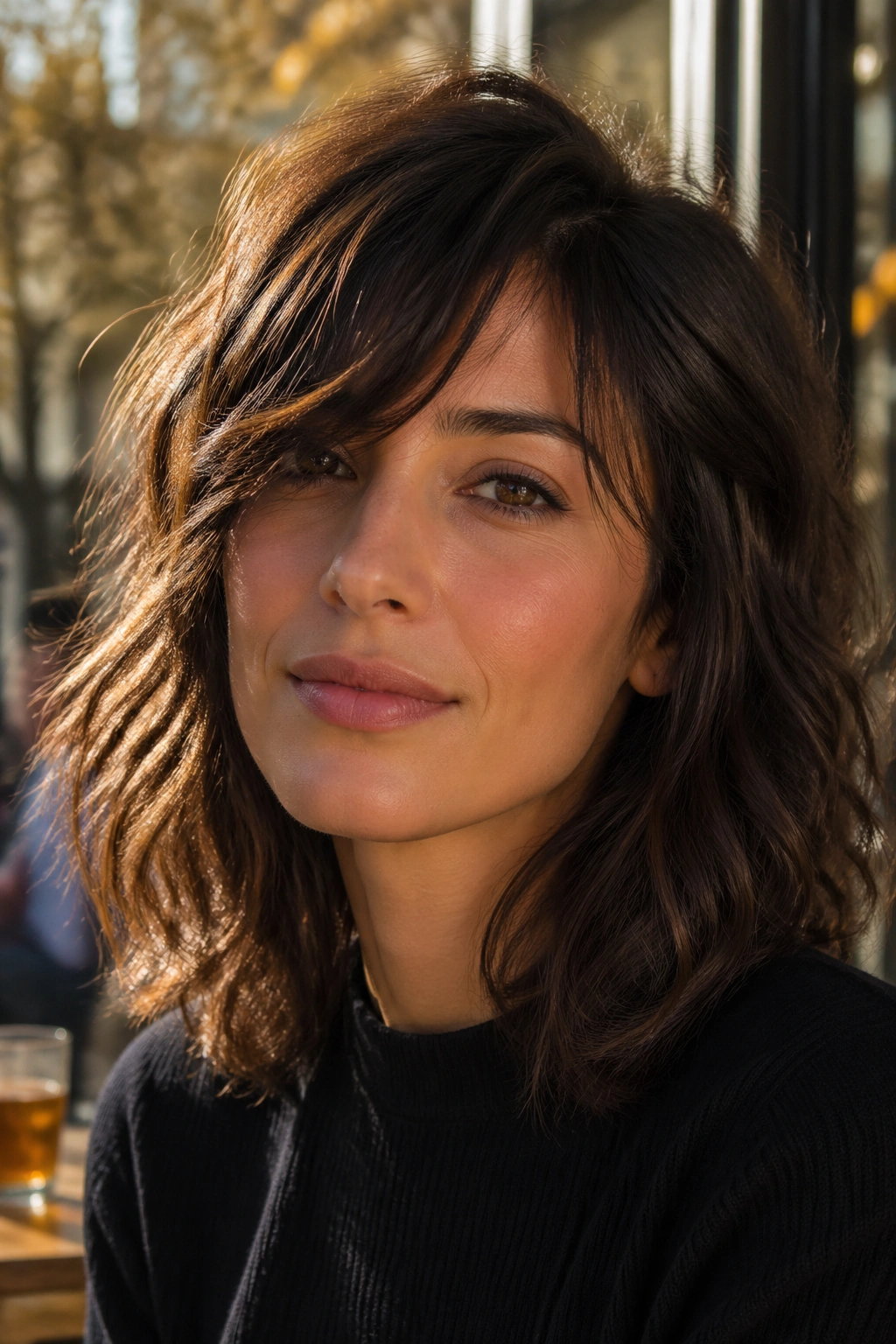 Close-up of a real woman with side-swept shag and shoulder-length waves