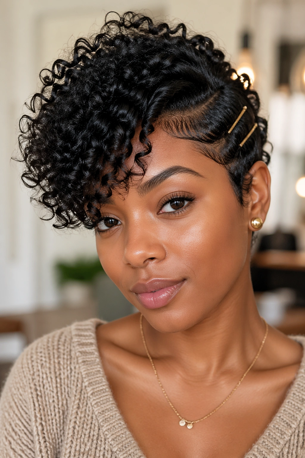Close-up of a real Black woman with side-swept short curls framing her face