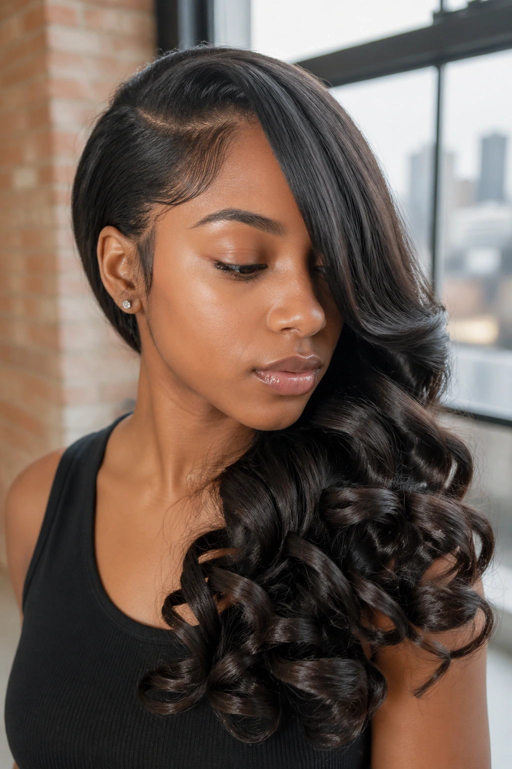 Close-up portrait of a real woman with a deep side part and cascading silk-pressed curls