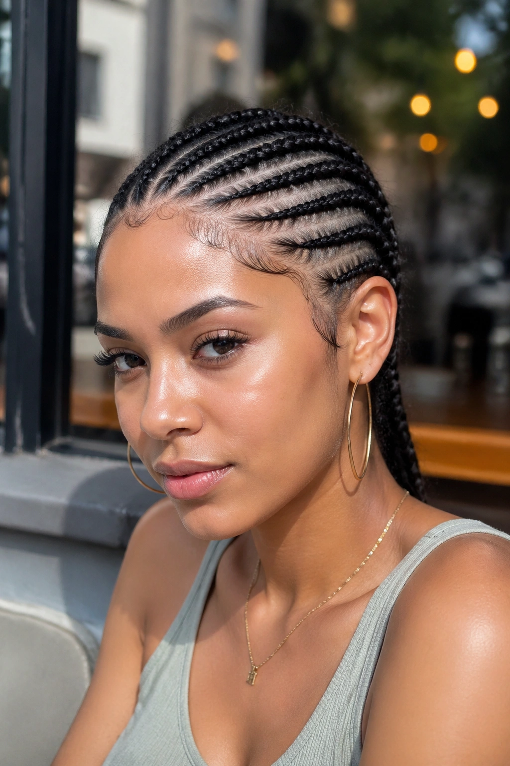 Close-up of a real woman with a deep side-parted, angled stitch cornrows