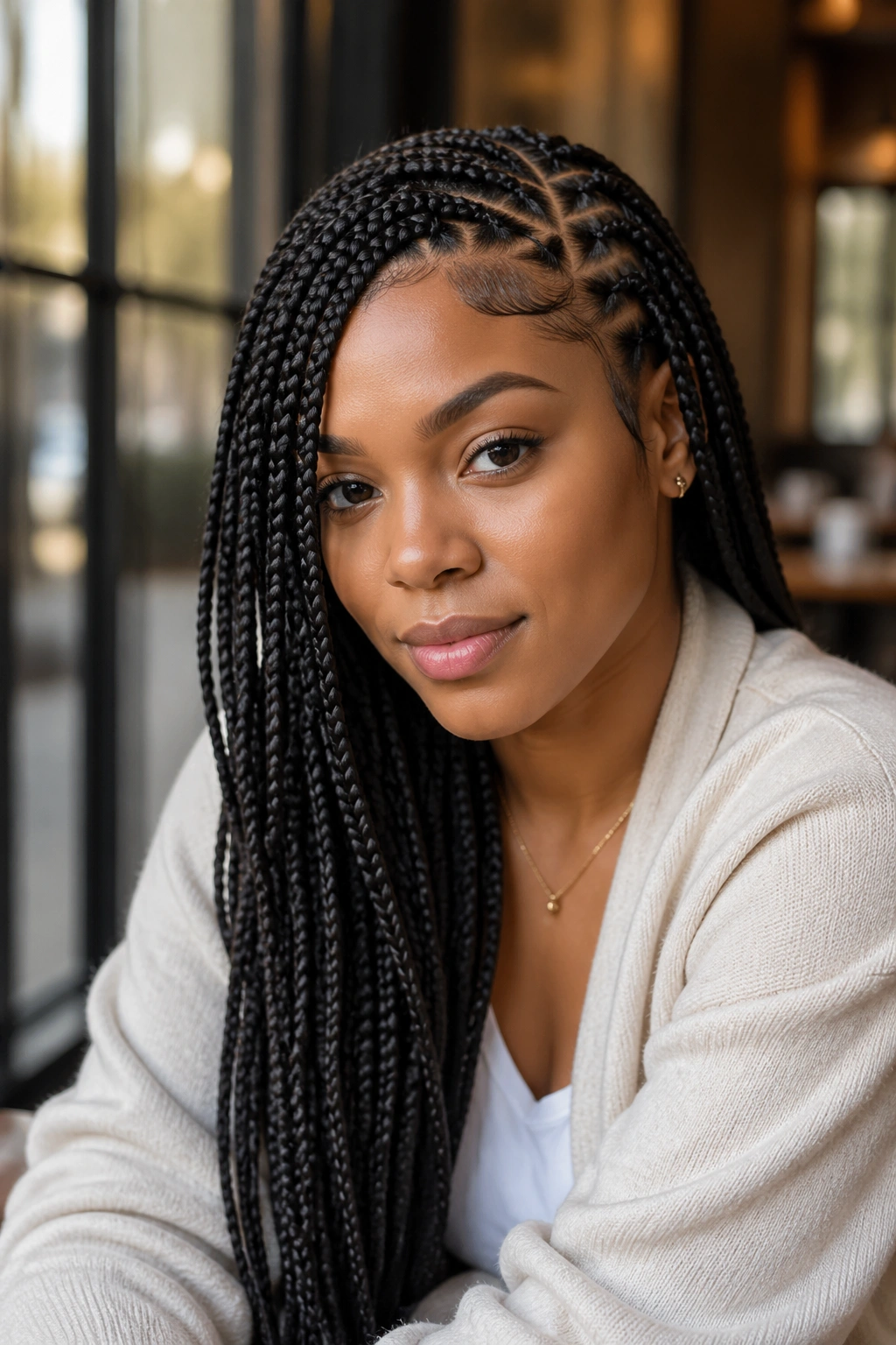 Real woman with side-swept triangle-part box braids close-up