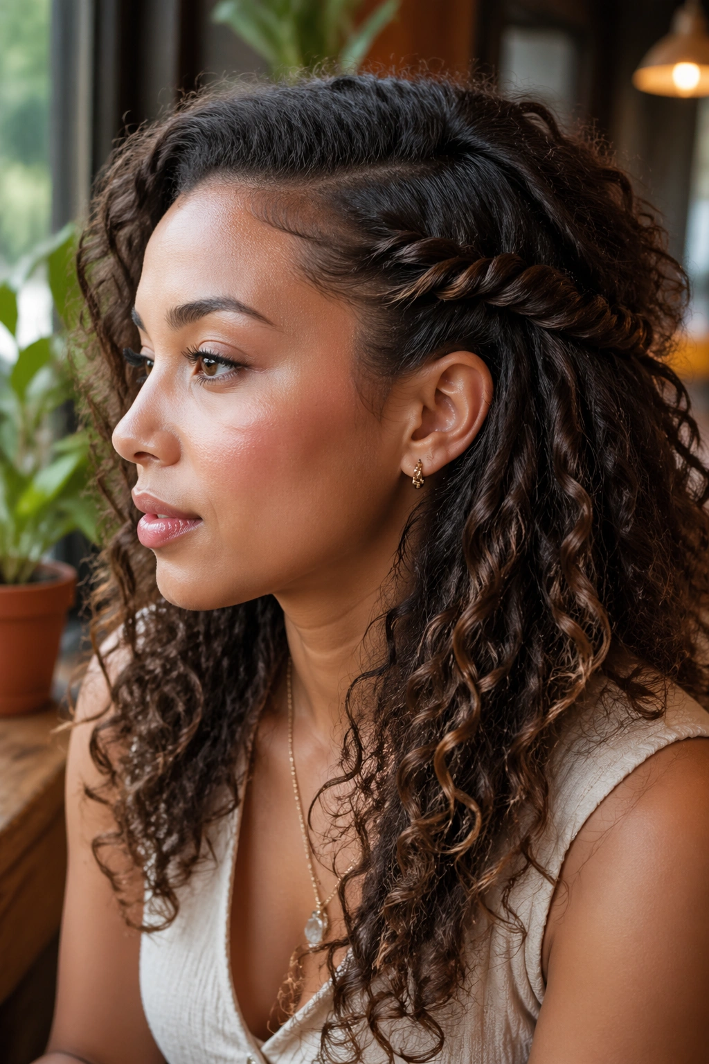 Close-up side profile of a real woman with a side-swept rope twist and free curls in a cozy cafe setting.