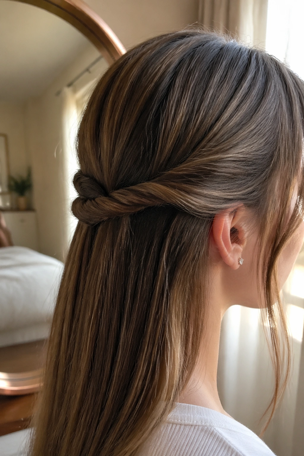 Close-up of a side-swept twist behind the ear on long straight hair.