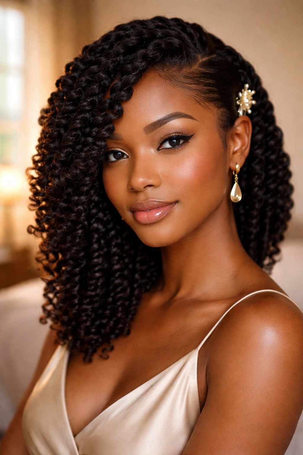 Close-up of a real woman with a side-swept twist-out.