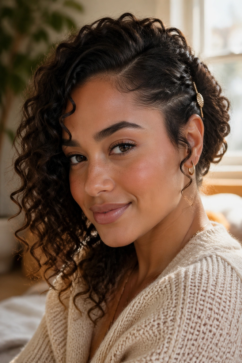 Real woman with a side-swept twist pinned near the ear