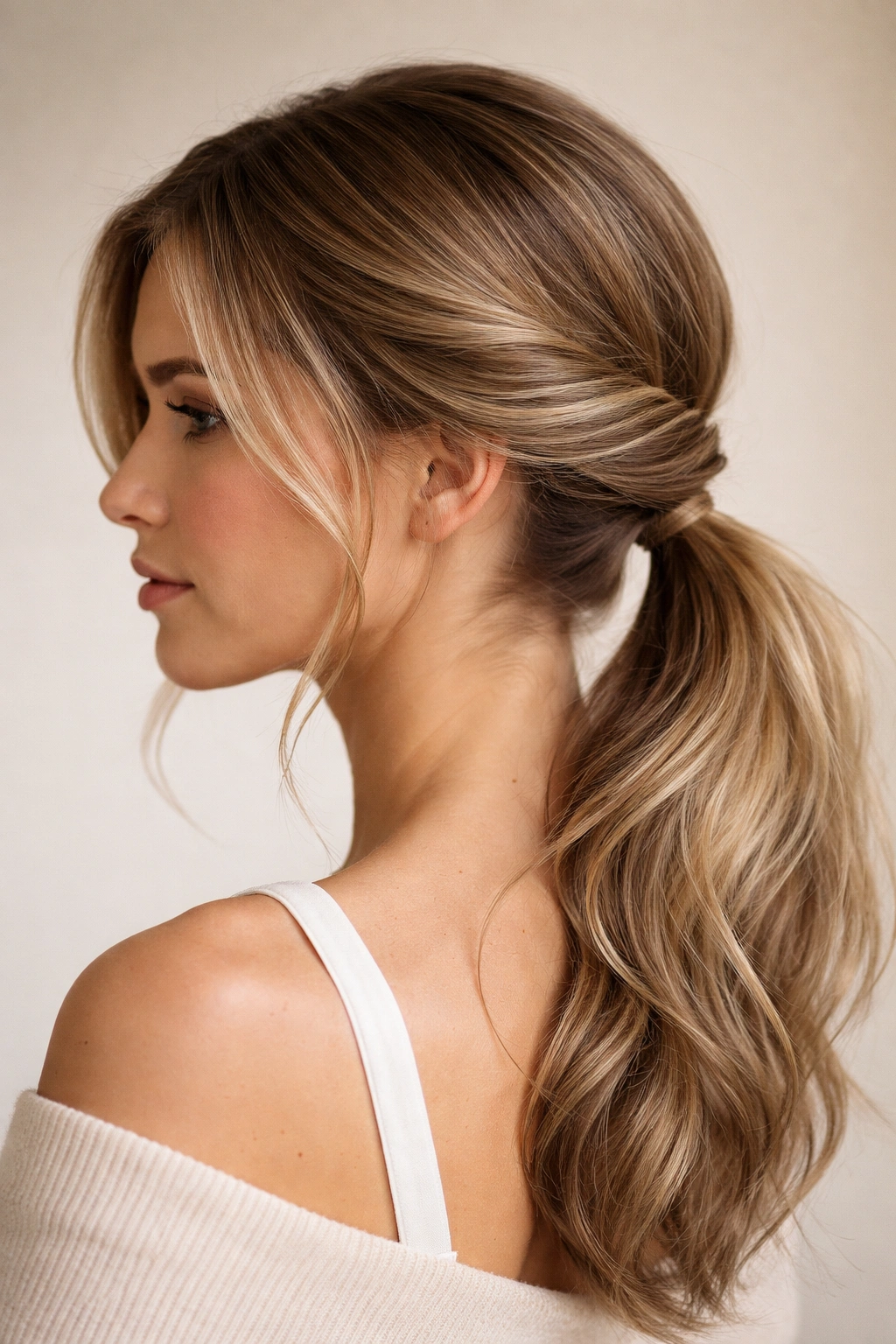 Side-swept twist low ponytail with deep side part and off-center placement