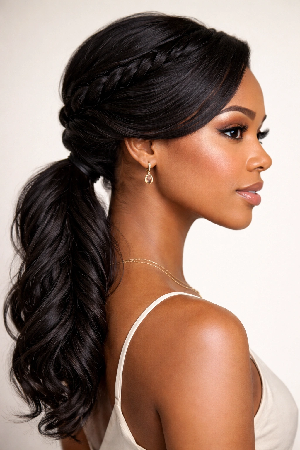Side profile of a Side-Swept Twist Ponytail highlighting diagonal twist from eyebrow to nape