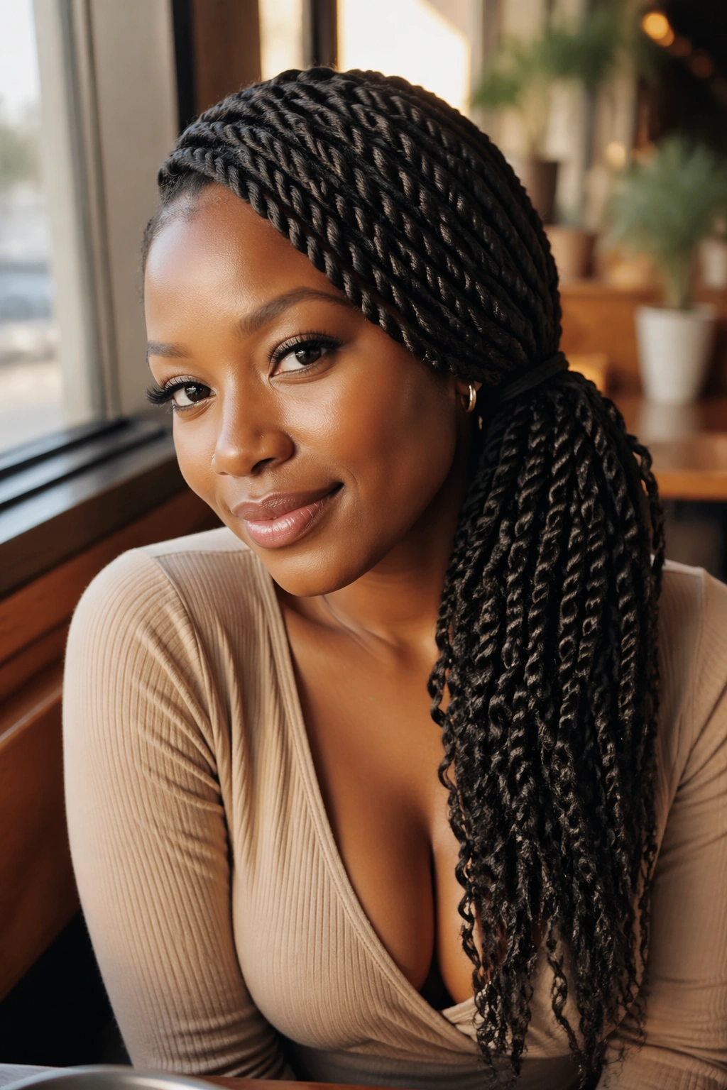 Woman with side-swept twist ponytail in a sunlit cafe setting