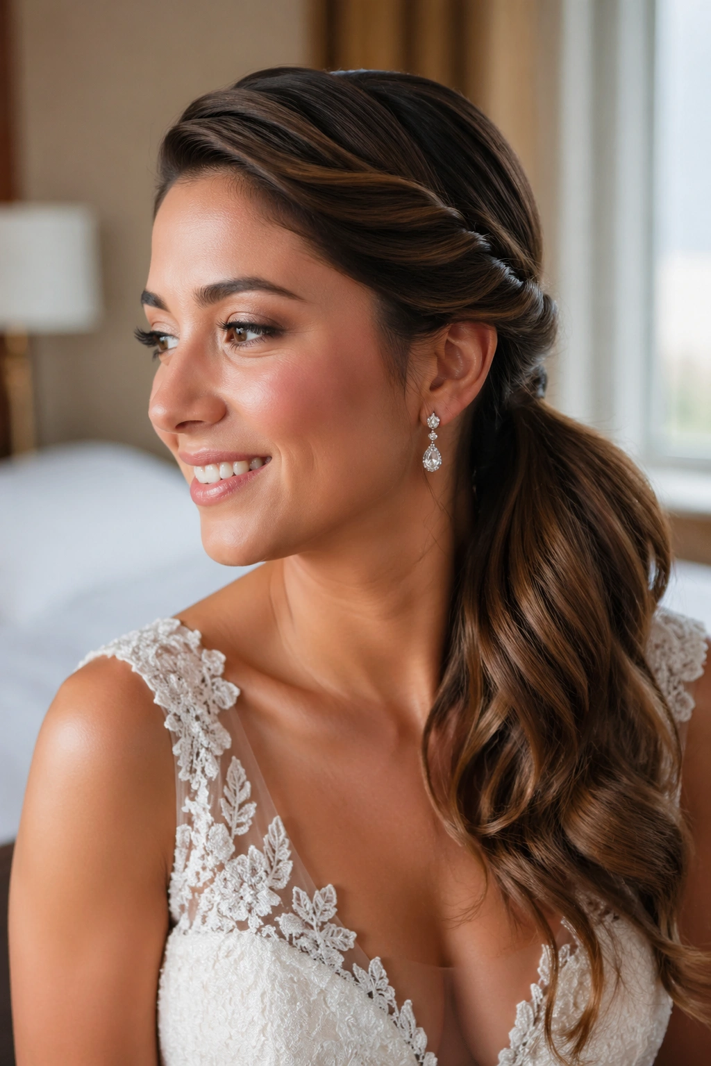 Close-up of a bride with a side-swept twisted ponytail