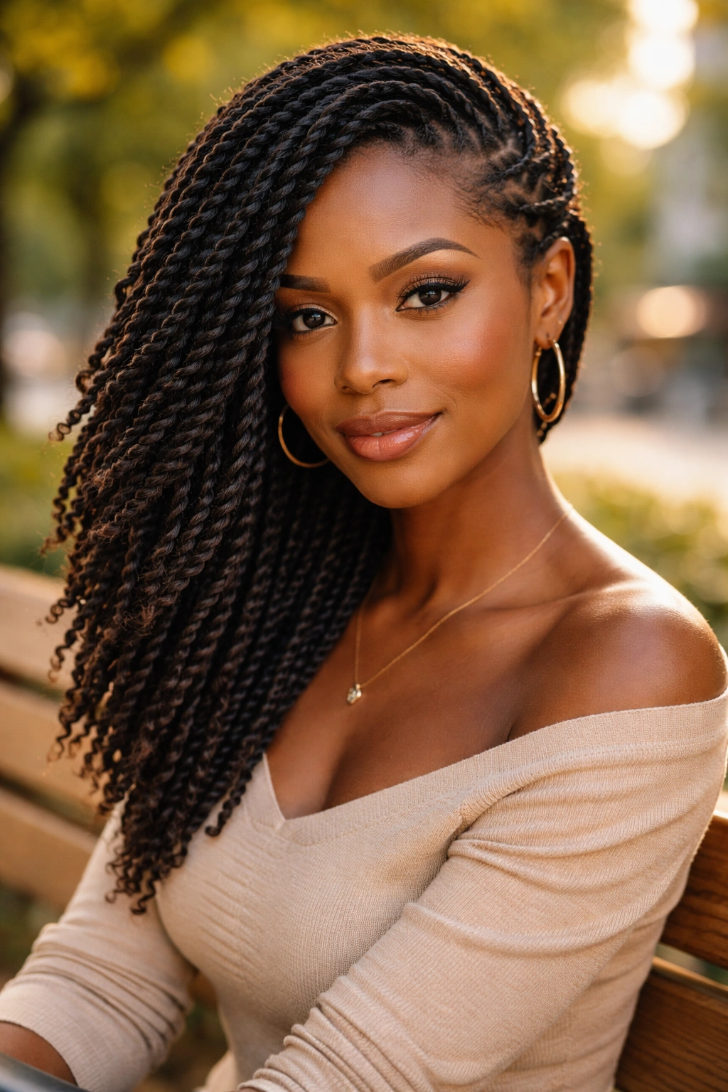 Portrait of a real woman with side-swept twists